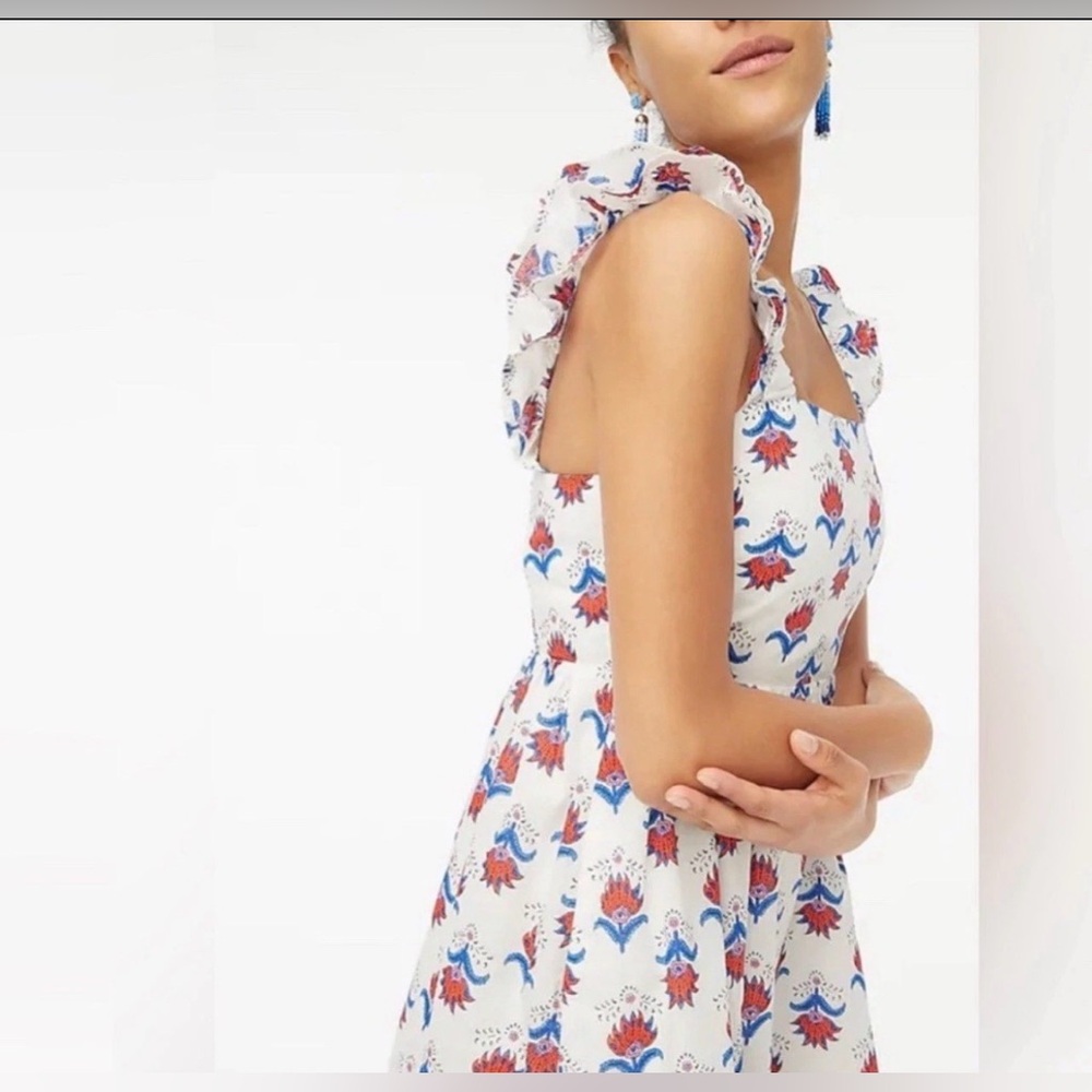 J.Crew Square Neck Midi Dress White Red Blue Floral - Picture 4 of 7